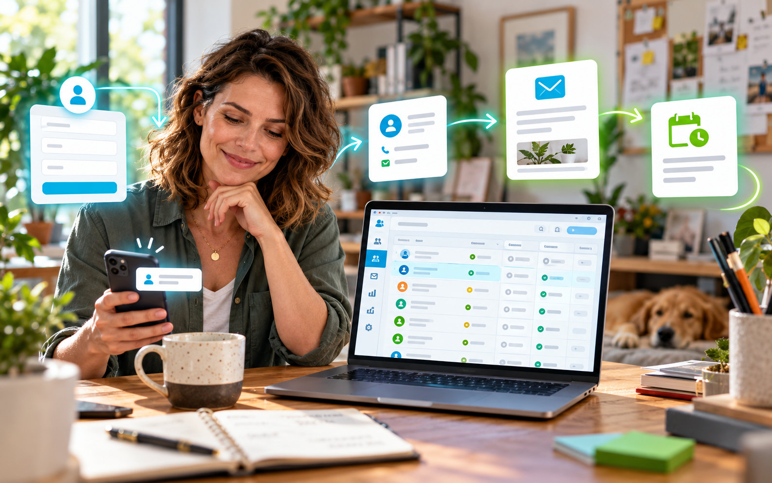 Small business owner reviewing customer records and automated follow-up emails in one CRM