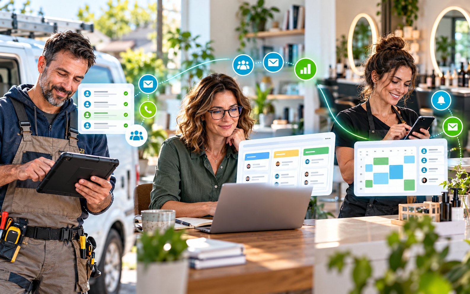A tradesperson, an independent consultant and an appointment-based business each using a simple customer workflow