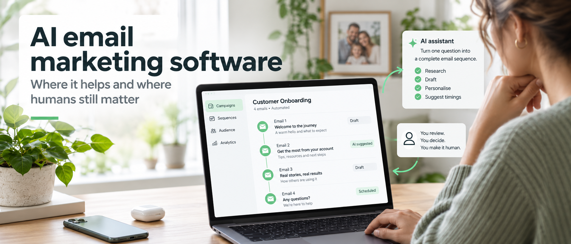 A small-business owner reviewing an AI email marketing software sequence before it is sent