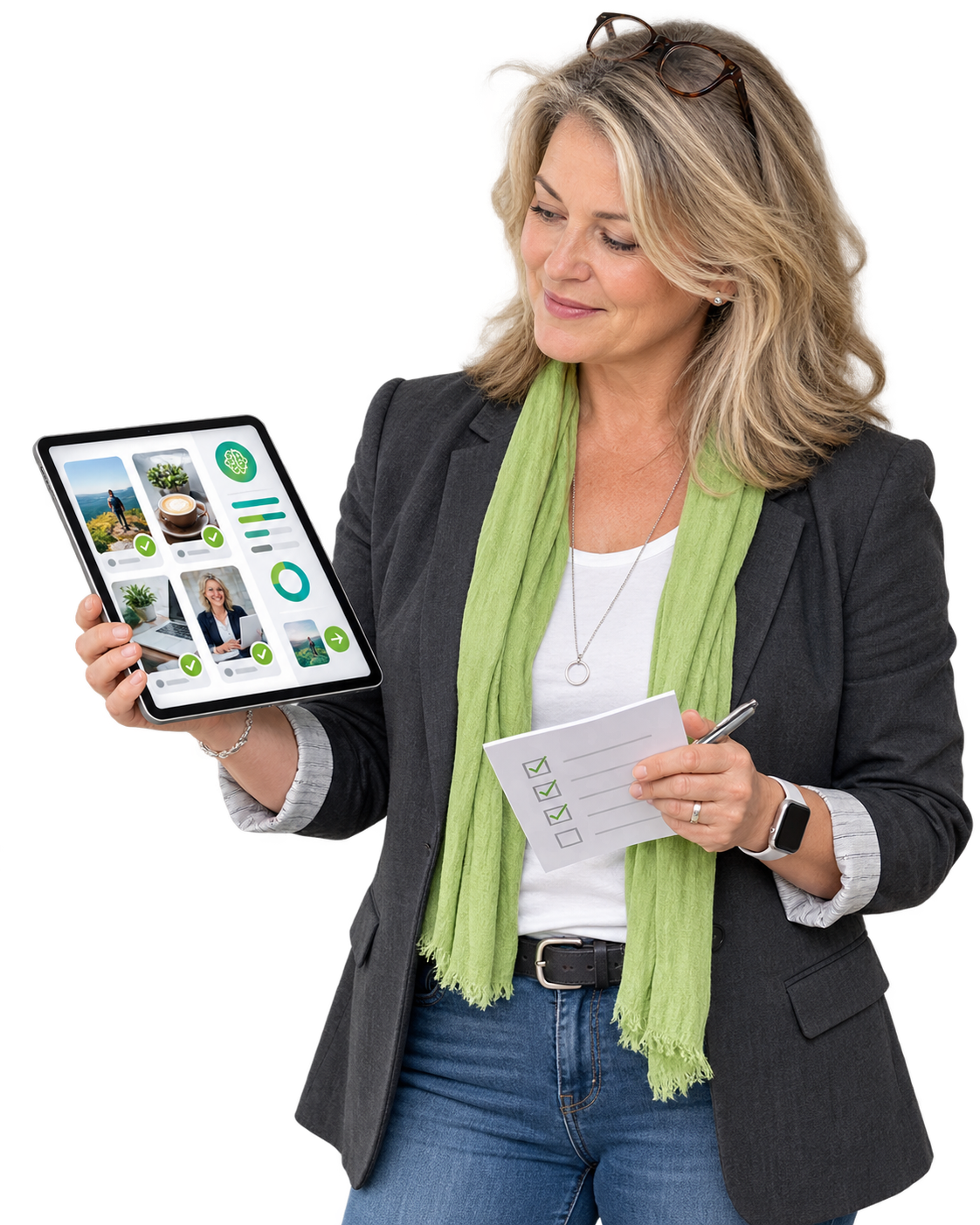 Solopreneur reviewing and approving AI-assisted social media marketing content