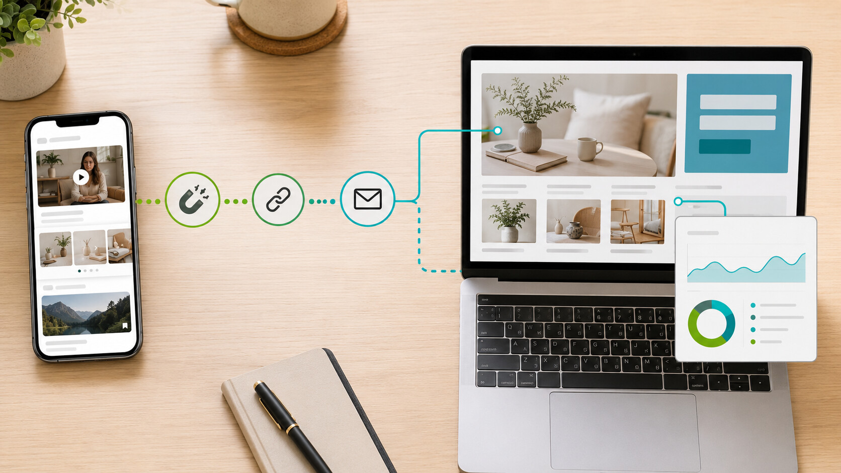 AI for social media marketing directing visitors to an owned website, email list and traffic dashboard