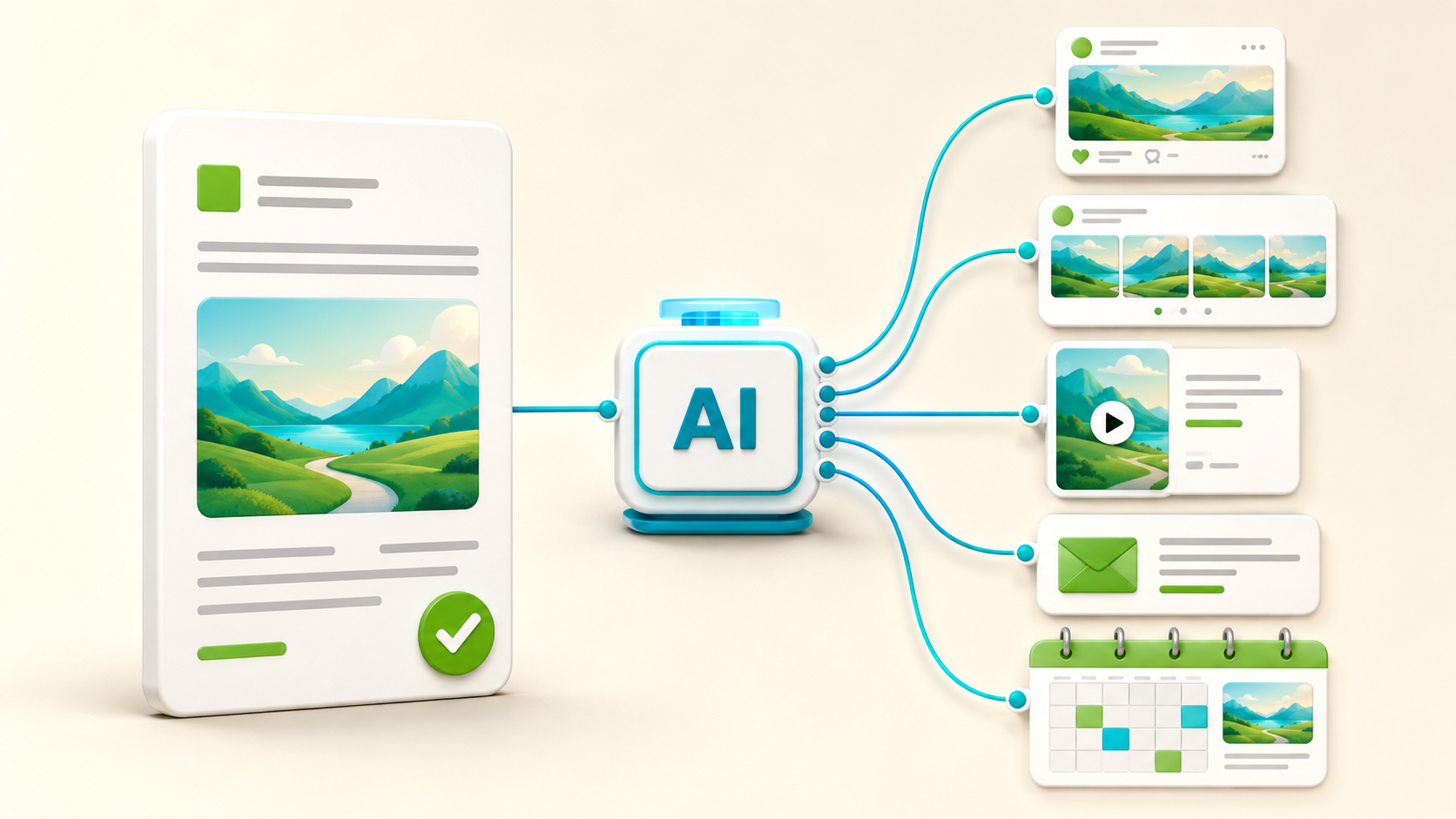 One approved master asset adapted into social posts, video, email and scheduled content