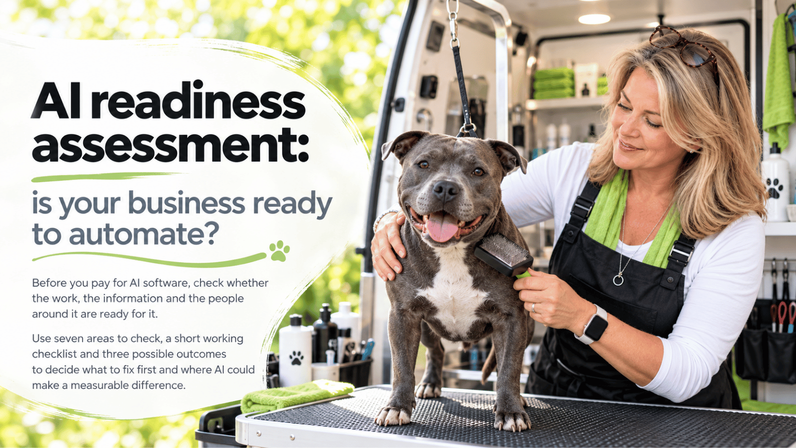 AI readiness assessment: a UK business owner reviewing a readiness dashboard that links workflows, data and people