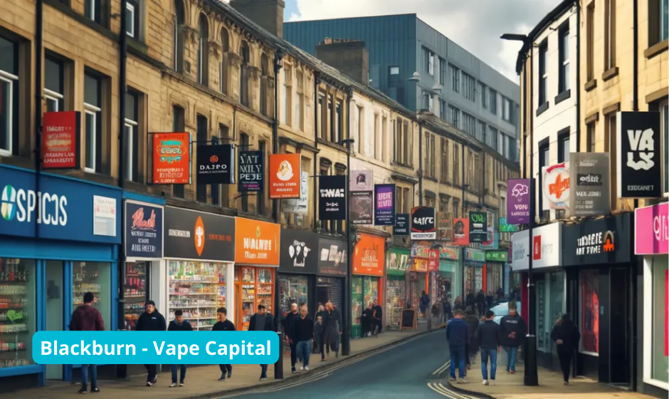 Vape shops on a high street in Blackburn.