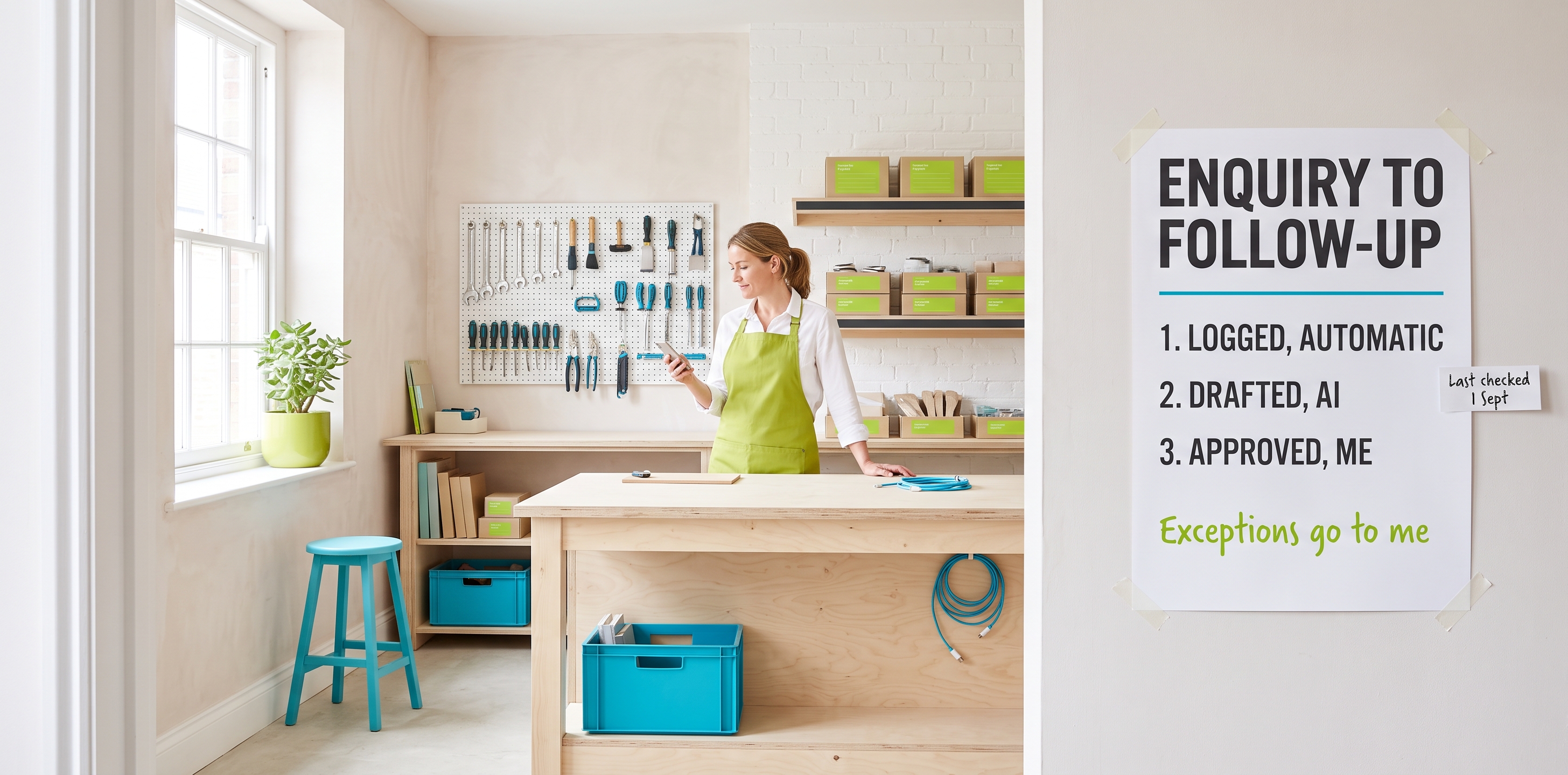 A mapped enquiry-to-follow-up process printed and pinned up on a workshop wall