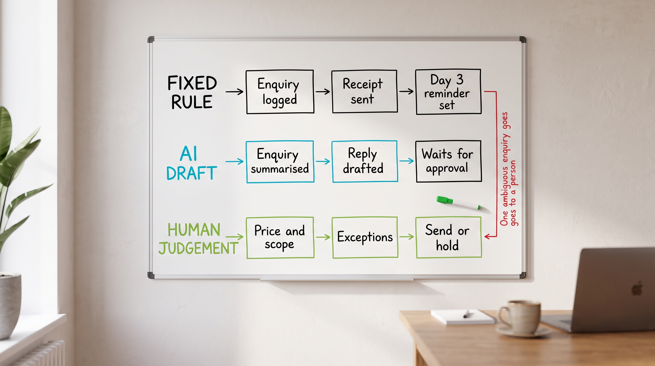 Business process automation using AI mapped as three lanes, fixed rules, AI drafting and human judgement