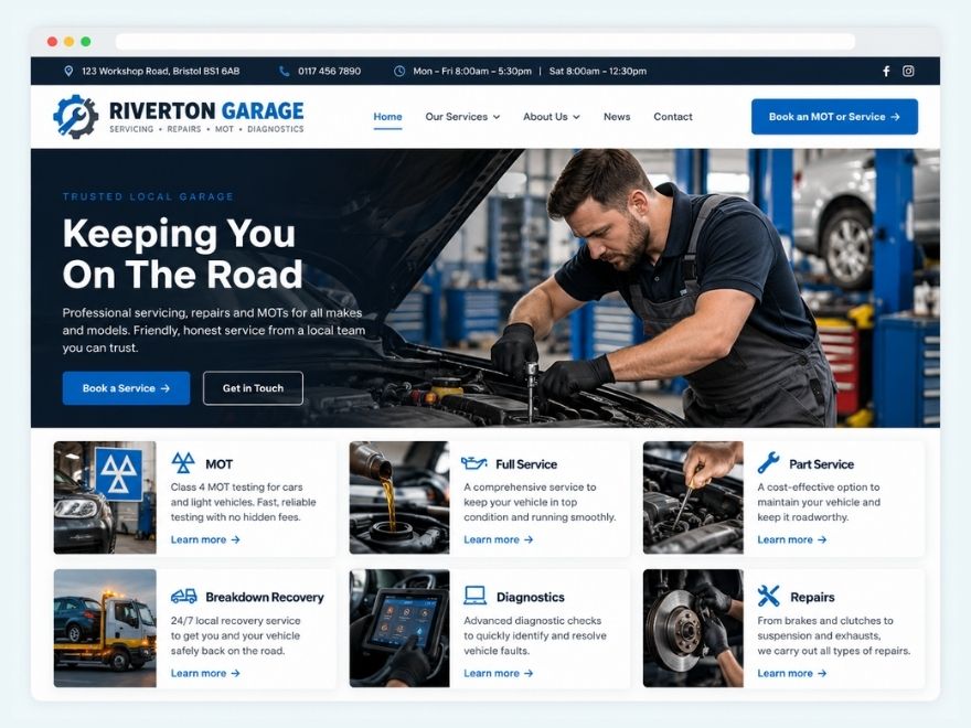 Service page design for a car garage offering MOTs, servicing and repairs