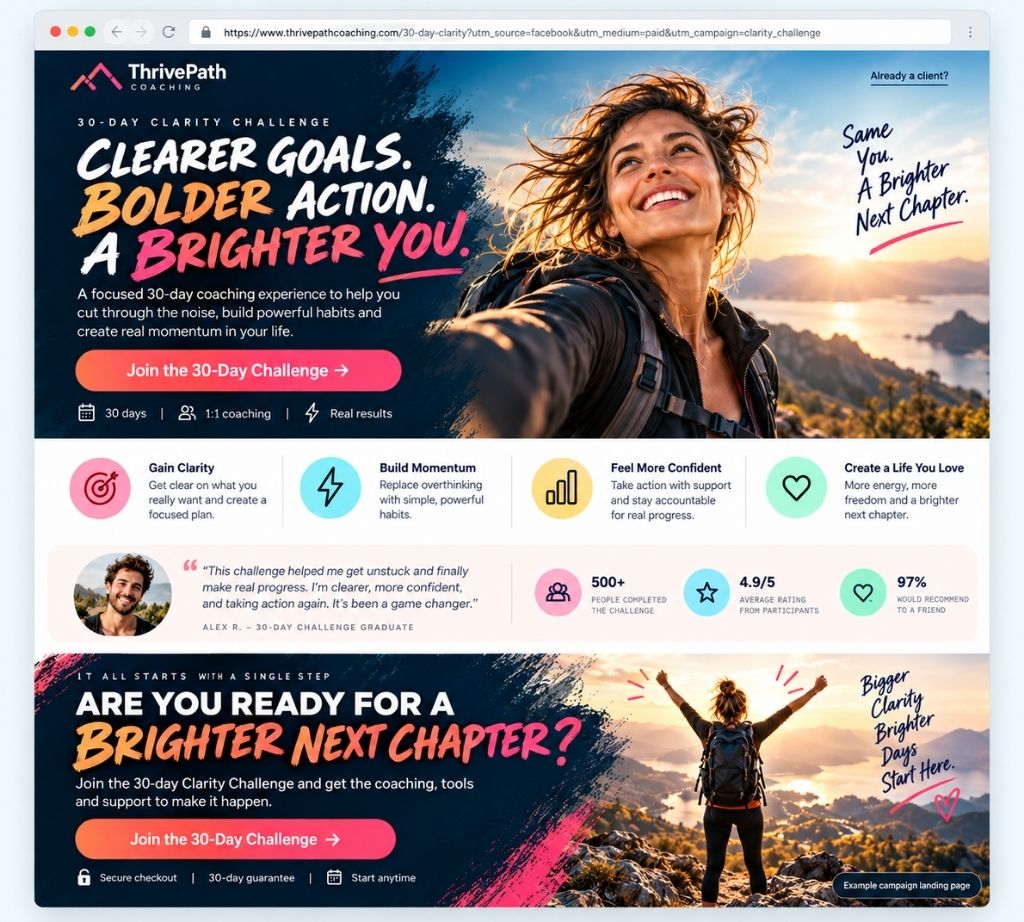Coaching challenge landing page design with hero, evidence, service explanation and call to action