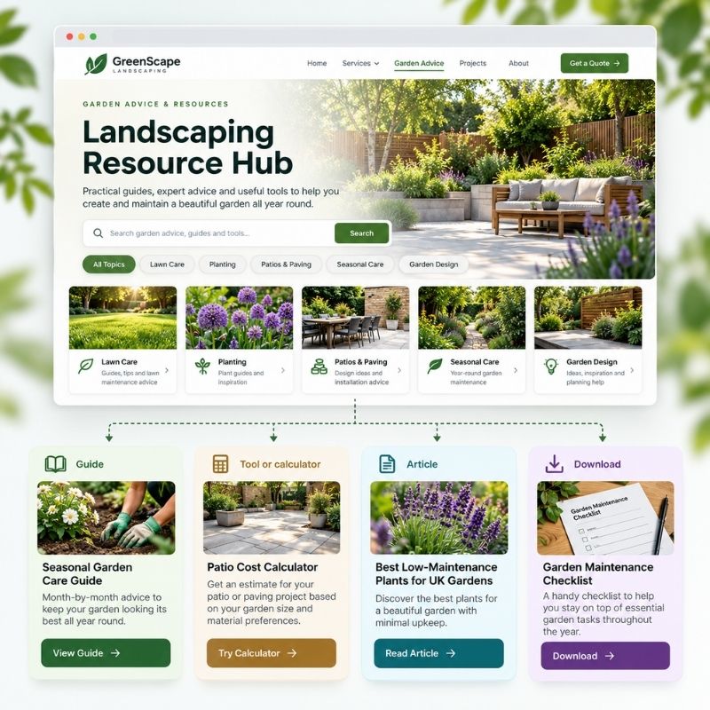 Content hub web page design with organised resource categories linking to supporting guides, tools, articles and downloads