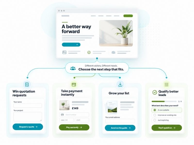 Conversion pathway options for a small business page: quote request, secure payment, free resource and short assessment