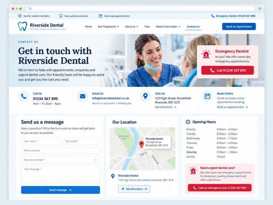 Emergency contact page design for a dental practice