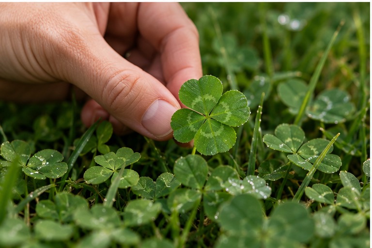 Hand discovering a real four-leaf clover amongst ordinary clover in grass