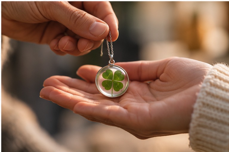 Four-leaf clover preserved in a pendant being given as a good-luck gift