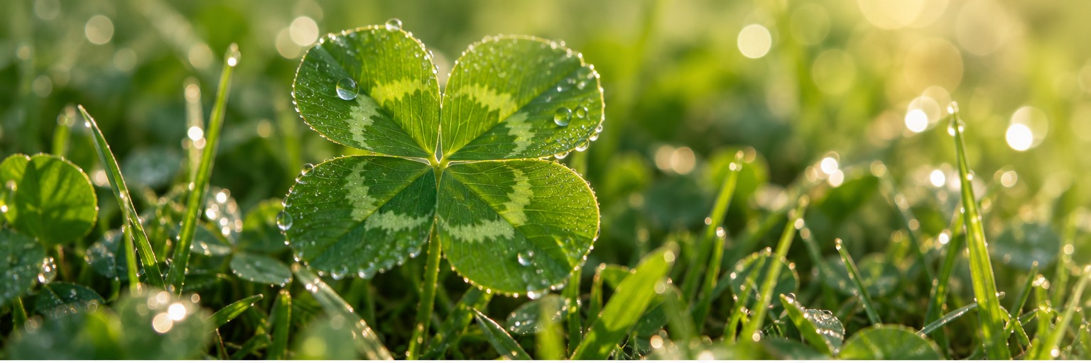 Real four-leaf clover covered in morning dew in fresh green grass