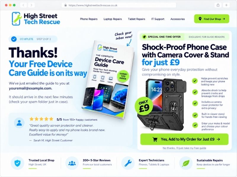 Thank-you page design that delivers the free resource and offers a low-priced tripwire product