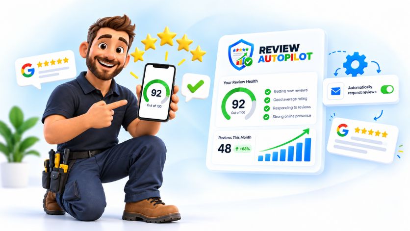 A local tradesperson checking a review health score of 92 out of 100 on their phone, with the Review Autopilot dashboard behind them