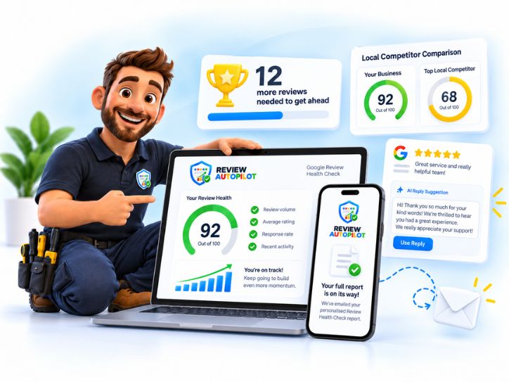 Example Health Check report showing a score of 92 out of 100, review volume, star rating, response rate, 12 more reviews needed, a competitor comparison and an example reply