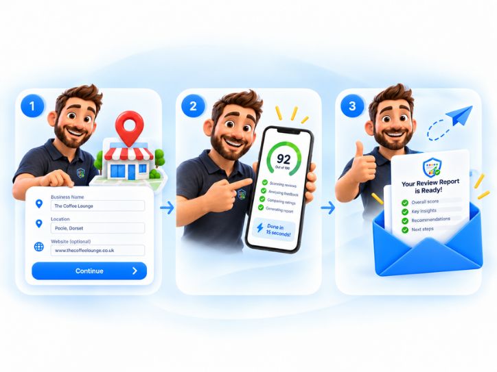 Three steps: enter your business details, get your score, then get the full report by email
