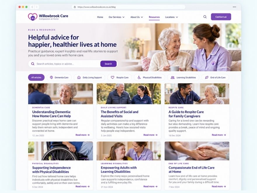 Blog page design for a home care services business