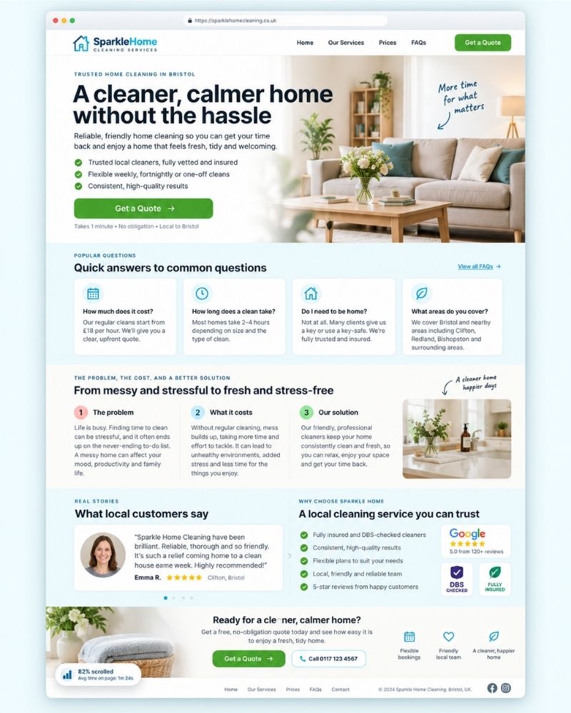 HUG page design example with reduced navigation, in-depth answers and calls to action at natural decision points