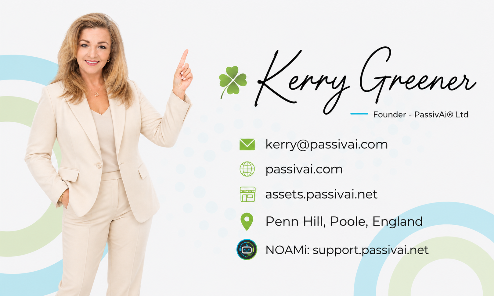 Kerry Greener signature card showing the four-leaf clover sign-off used in PassivAi messages