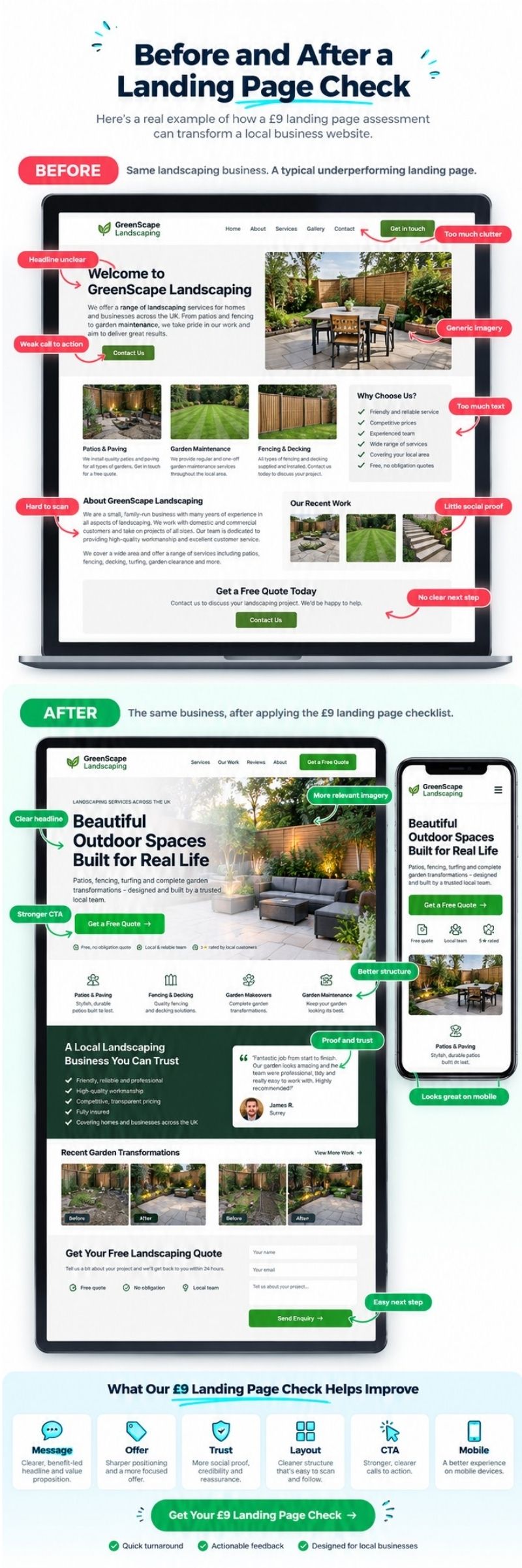Before and after example of a landscaping company landing page, showing clearer headlines, a stronger offer, better structure, clearer calls to action and more reassurance