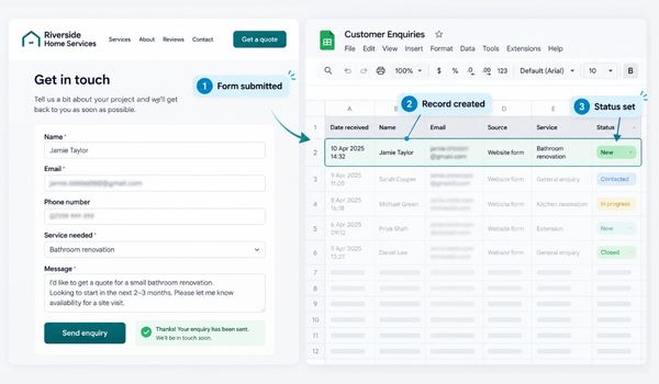 A website enquiry recorded automatically in a customer record
