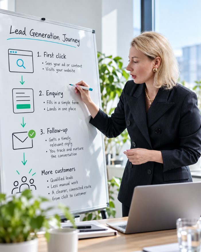 A small business owner reviewing a connected enquiry journey
