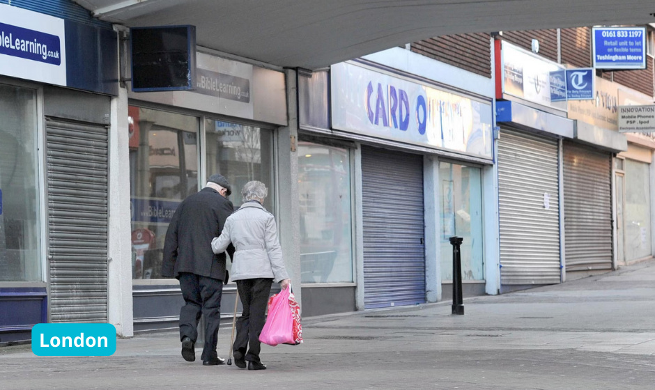 A suburban high street in London.