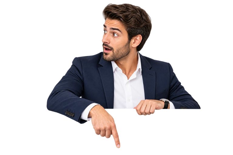 A shocked business owner pointing down at the business automation service finder