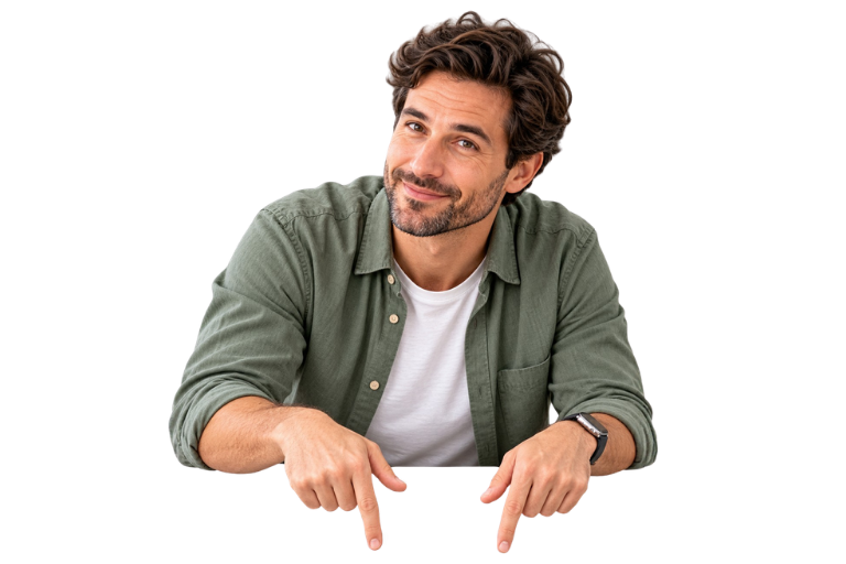 A man leaning on the comparison below and pointing down at the three groups of business models