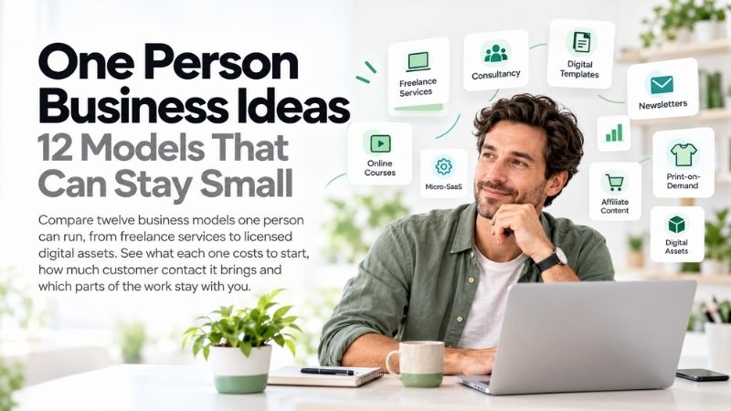 One person business ideas: a solo business owner working at a laptop in a bright, uncluttered workspace