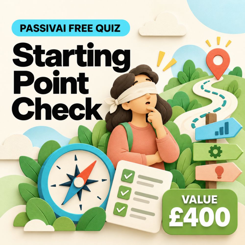 A blindfolded businesswoman reaching forward, illustrating the PassivAi Starting Point Check for deciding what to work on first