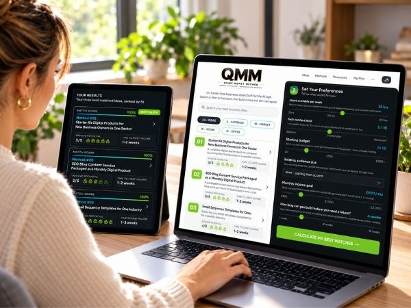 A solopreneur using Quiet Money Method, with the preferences calculator, income model ideas and ranked best-match results shown across various product screens