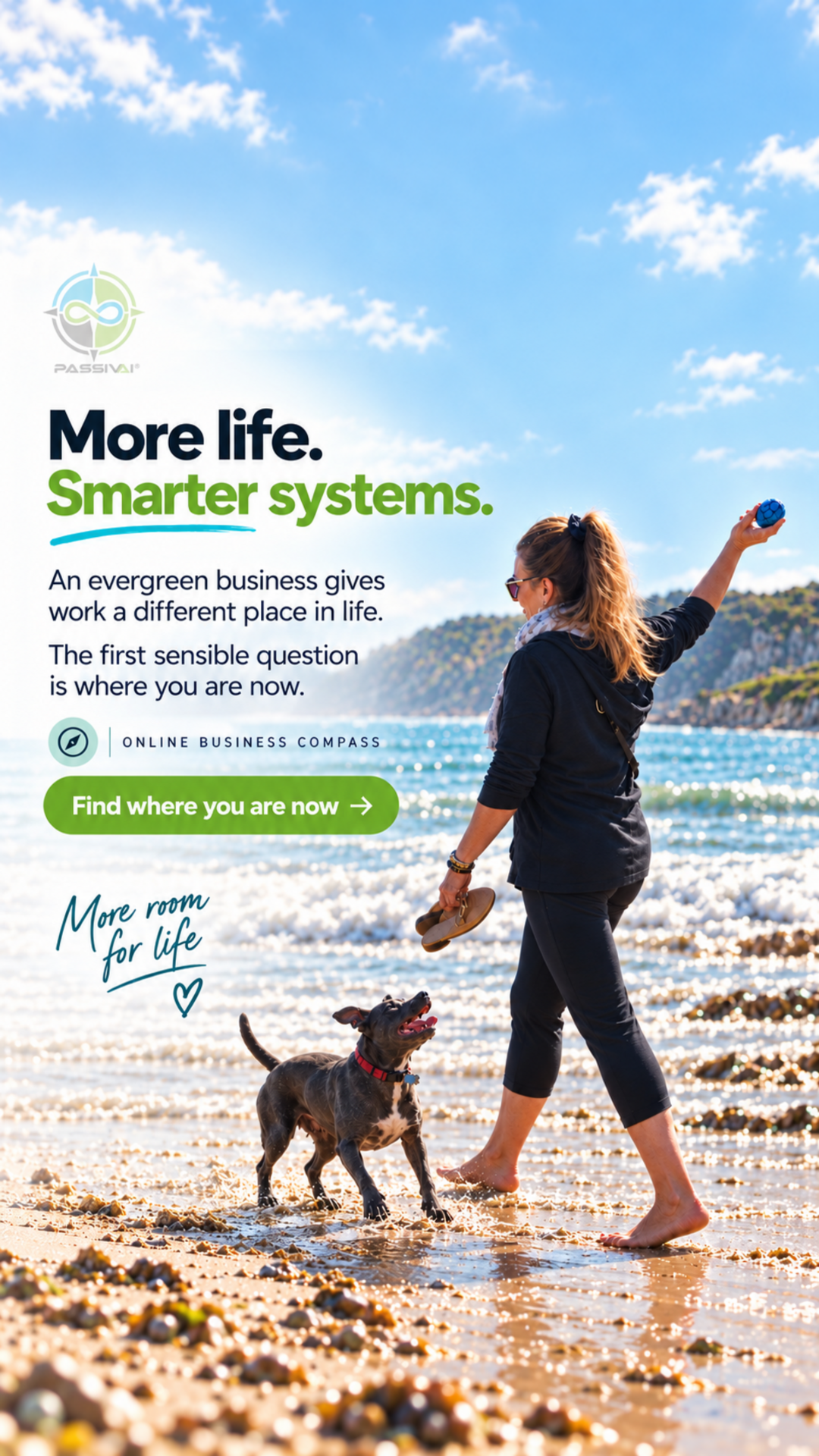 Kerry walking at the water's edge, shoes in hand. Start the Online Business Compass