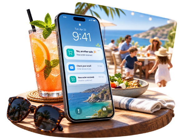 A mobile phone showing an online sale while a family enjoys time together
