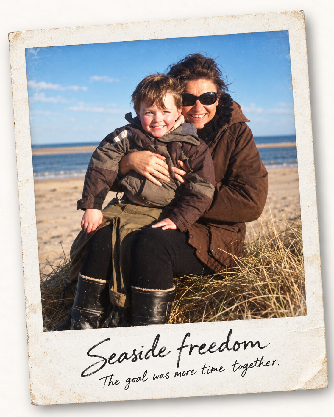 Kerry and her son at the seaside, representing a business built to leave room for life