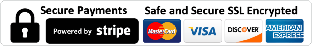 Secure payments powered by Stripe with logos for Visa, Mastercard, American Express, and more.