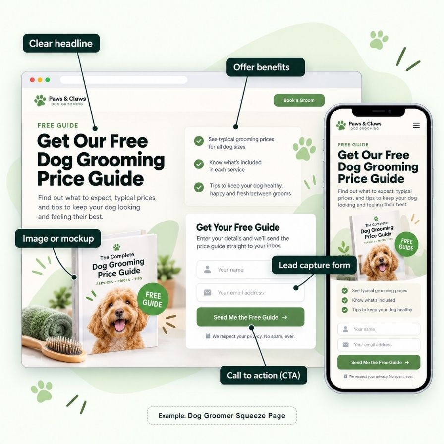 Squeeze page design with a lead magnet offer and a short sign-up form