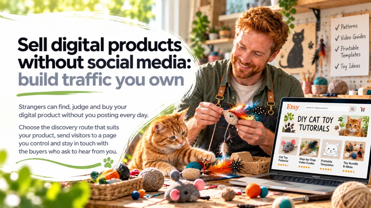 Sell digital products without social media: an entrepreneur at a bright home-office desk with a digital product, search results and a checkout on screen