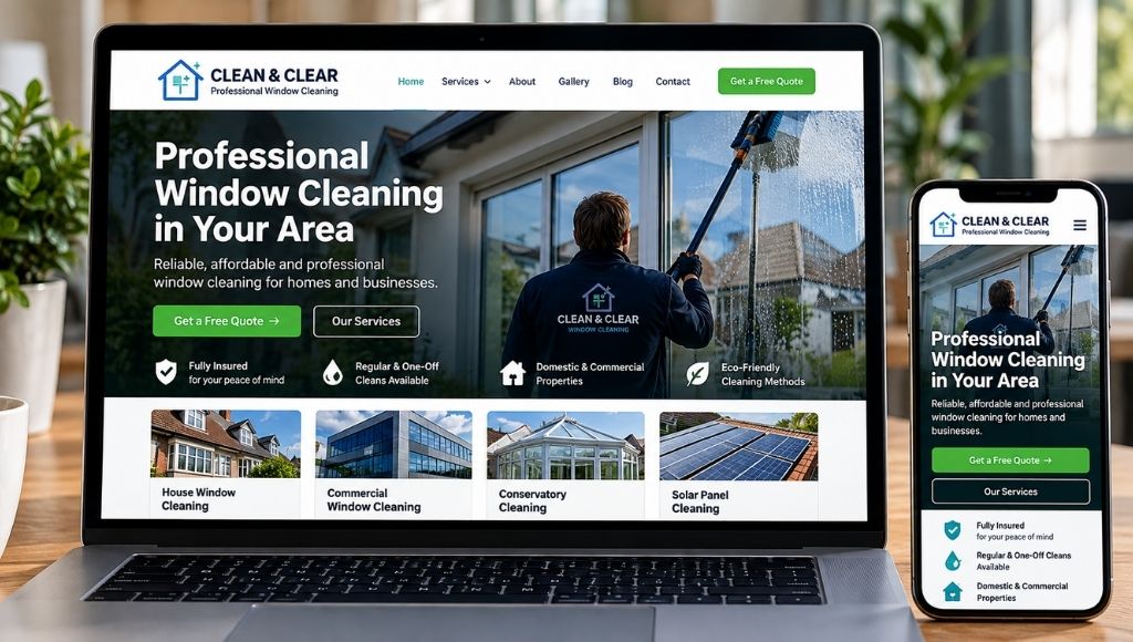 Window cleaning business website design shown on desktop and mobile screens