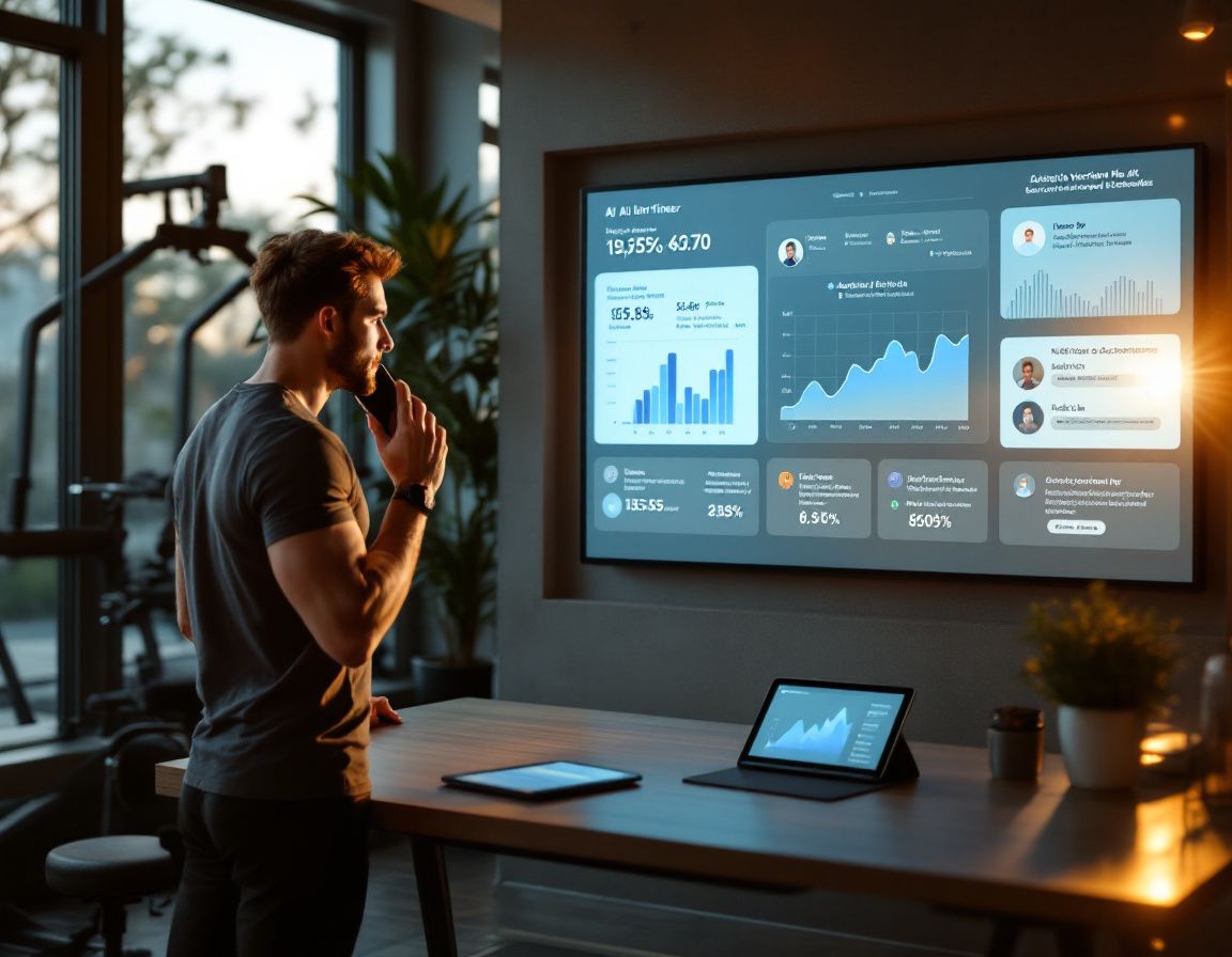 AI-integrated fitness studio at sunrise showing a personal trainer recording voice instructions into their phone, surrounded by interactive displays showing personalized client workout plans, health metrics, and automated schedules. Natural light illuminates both the high-tech coaching space and boutique training area with modern equipment.