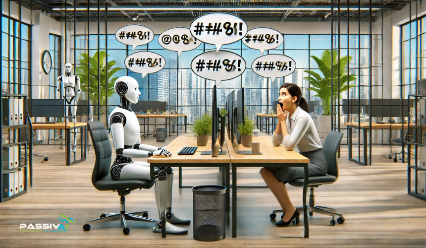 A modern office setting where a robot sits at a desk with AI swearing speech bubbles containing censored swearing symbols (#@$%!), facing a shocked human who appears startled by the interaction. A modern office setting where a robot sits at a desk with AI swearing speech bubbles containing censored swearing symbols (#@$%!), facing a shocked human who appears startled by the interaction.