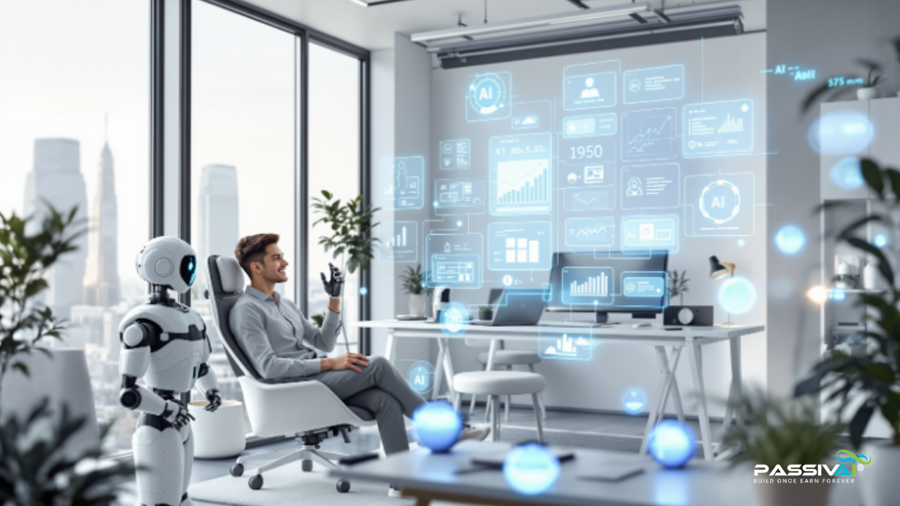 AI-Powered Workspaces: The Future of Productivity

Here is a futuristic office where a man interacts with AI-powered holographic dashboards, accompanied by a humanoid robot, with a city skyline visible through the windows.