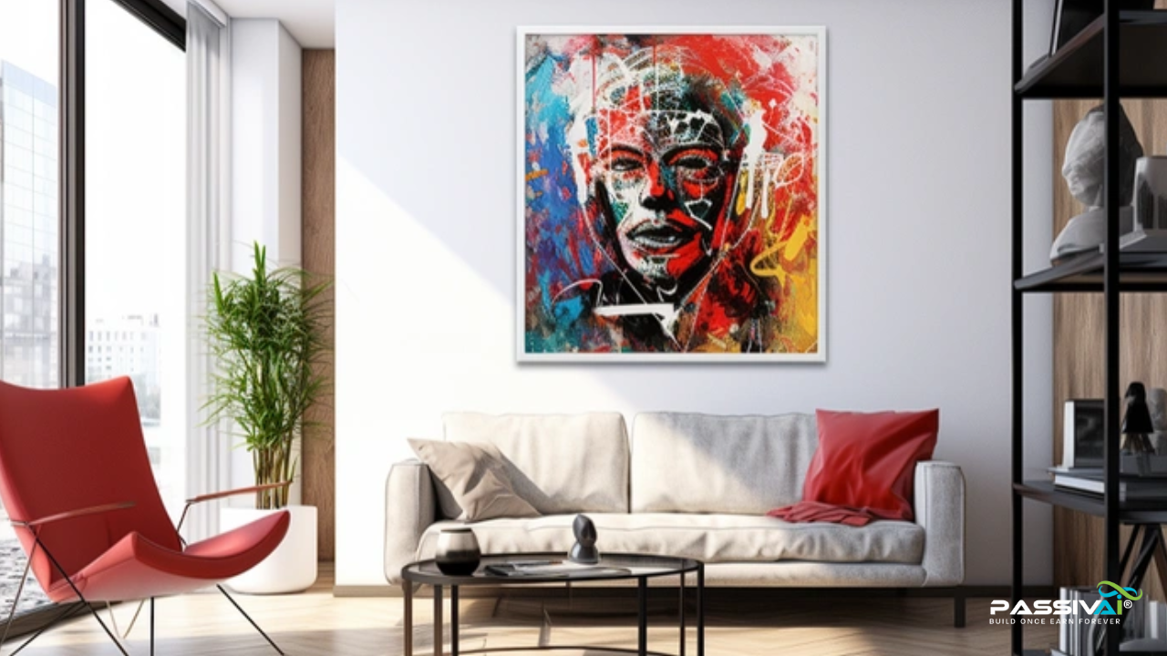 A contemporary living room featuring a bold, AI-generated abstract painting on the wall.
Elevate your space with AI-generated art—where creativity meets technology. This vibrant piece adds character and a unique edge to any modern interior.