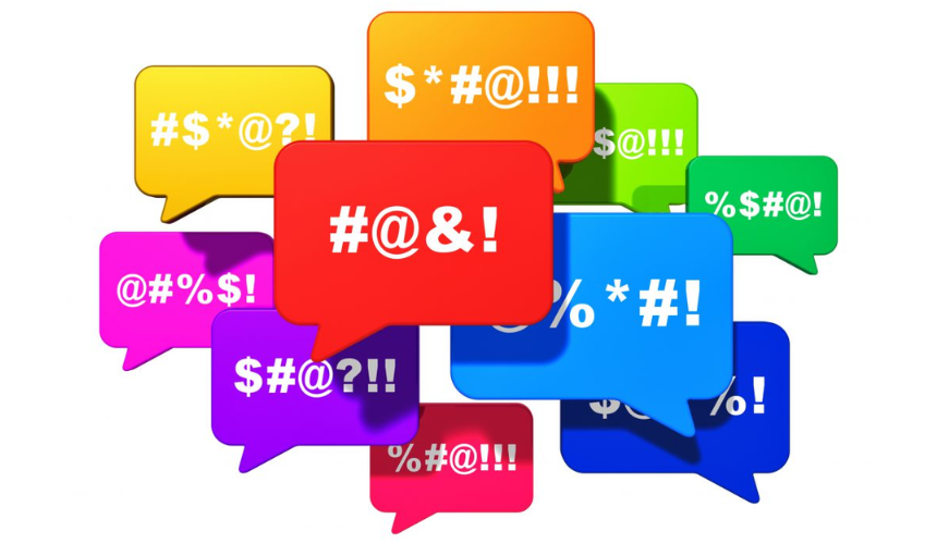 Colourful speech bubbles filled with symbols representing censored swear words. Colourful speech bubbles filled with symbols representing censored swear words.
