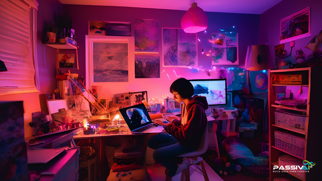 Teenager in bedroom using AI - Late-night creativity, powered by AI. The next big idea doesn’t need a fancy office, just passion, persistence, and a laptop. -